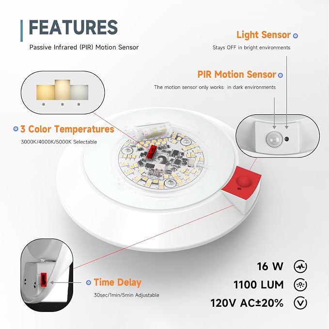 ECOELER PIR Motion Sensor Ceiling Light, 3CCT Selectable Occupancy Light - Image 3