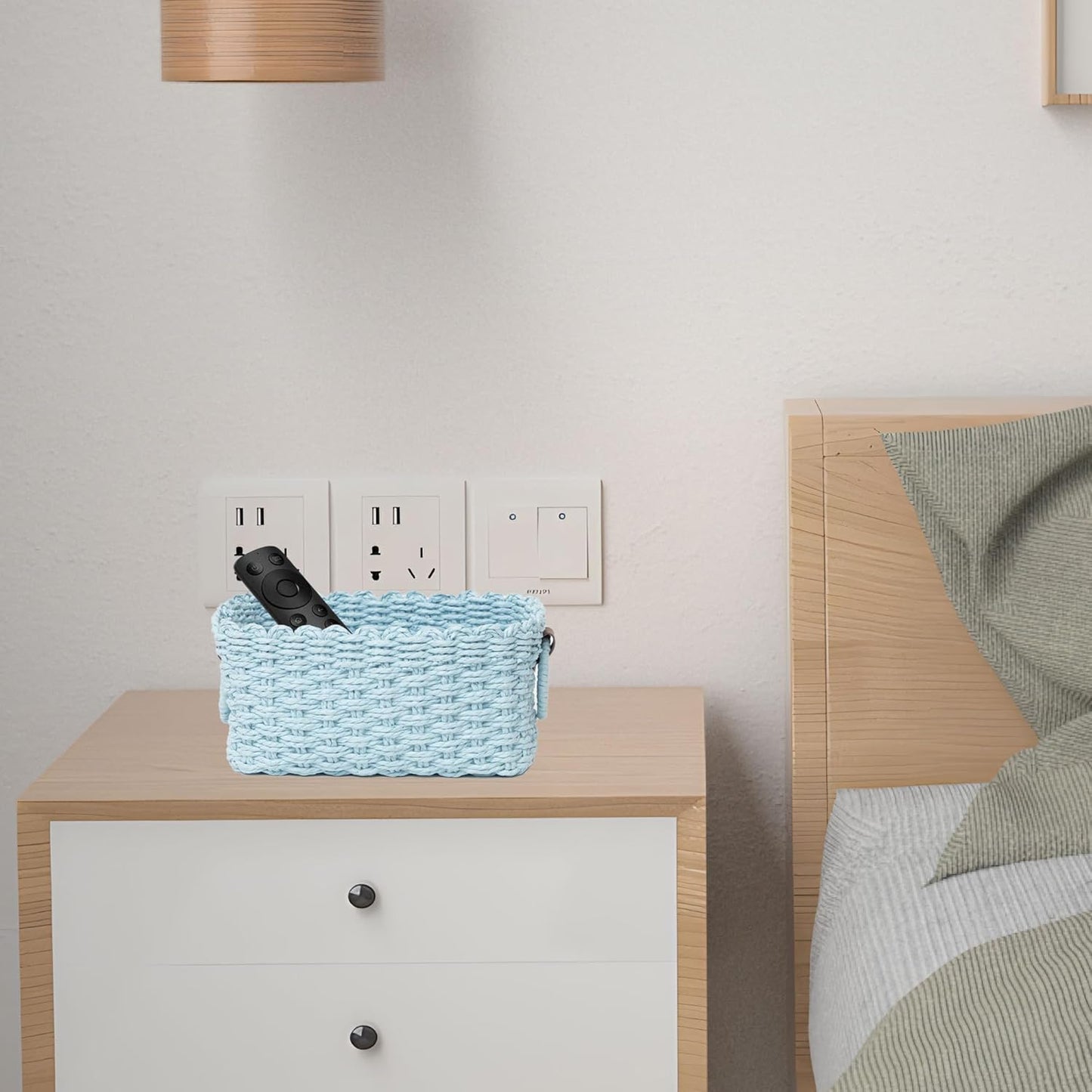 Small baskets for Organizing,Cute woven Storage basket with recycled paper rope for Shelves Bathroom,Little decorative basket,Set of 3 (Sky-Blue)