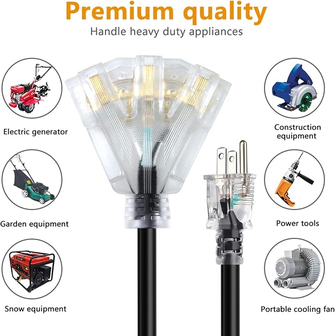 25FT 12/3 Extension Cord Heavy Duty Black 3-Outlet Indoor/Outdoor SJTW Lighted - Image 2