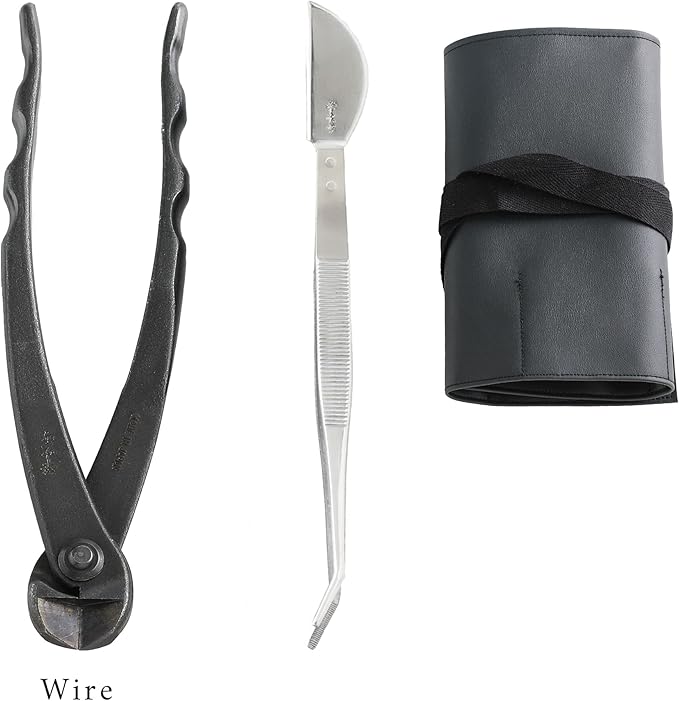 Wazakura Made in Japan 5PCS Bonsai Tool Kit with Roll Bag: Yasugi Steel Twig Bonsai Scissors, Concave Branch Cutter, Knob Cutter, Wire Cutter, Tweezers - 5 Tools Twig Schissor Set with Case…