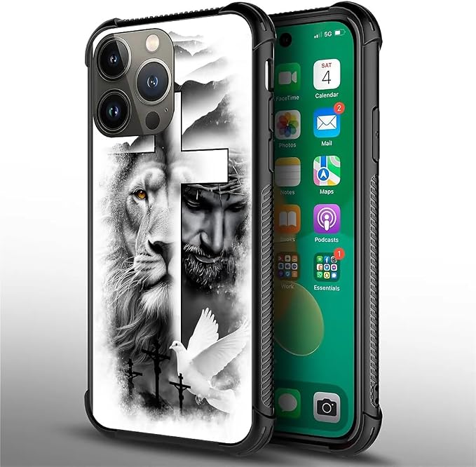 for iPhone 14 Pro Case, Lion Cross Jesus Christ Dove Pattern Graphic Design - Image 4