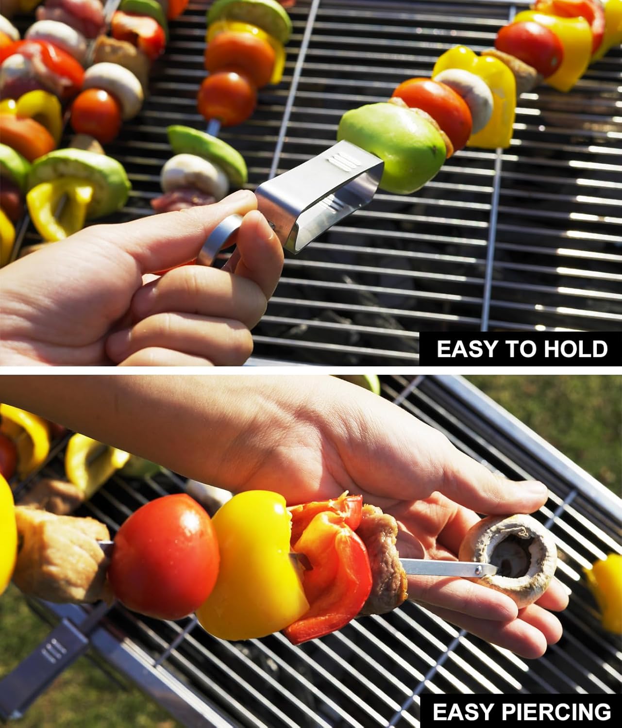 ESOW Metal BBQ Skewers for Grilling-16.83" Long Flat Kebab Sticks with Push Bar, Stainless Steel 304 Shish Kabob Skewers for Camping, Set of 8 with Bag