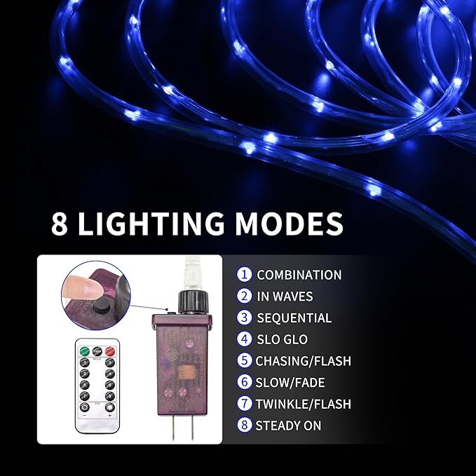 LED Rope Lights for Outside, 150Ft 360° Blue Solar Rope Lights Outdoor Waterproof, 643 LEDs 110V 8 Modes Remote Control Timer Christmas Rope Lights for Party Holiday Garden Decoration (Blue)
