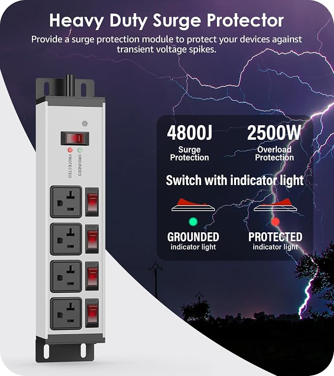 CCCEI Heavy Duty Surge Protector Power Strip 20 Amp Individual Switches. 20FT - Image 2