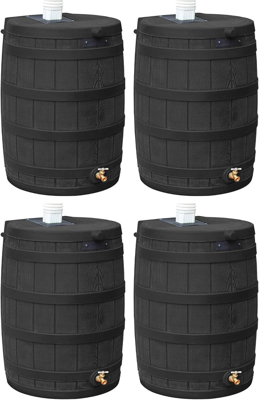 Good Ideas Rain Wizard 50 Gallon Plastic Outdoor Home Rain Barrel Water Storage Collector with Brass Spigot and Flat Back Design, Black (4 Pack)