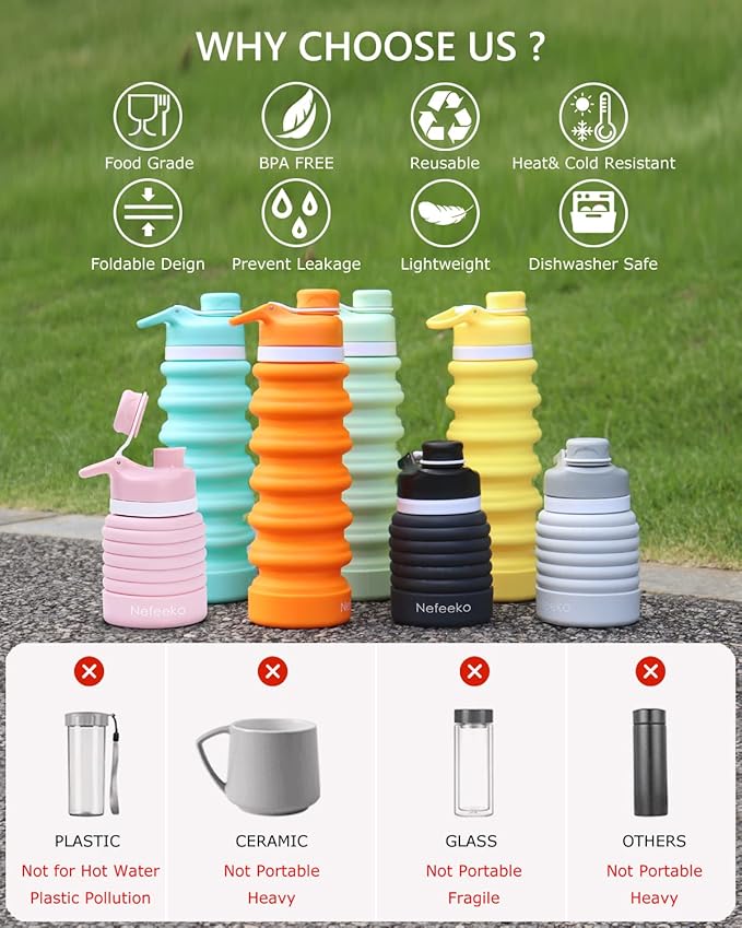 Nefeeko Collapsible Water Bottle, 26oz Silicone Foldable Water Bottles - Image 3