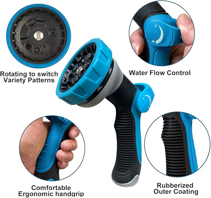 50Ft Non-Expandable Garden Hose, Flexible Water Hose with 10-Pattern Spray Nozzle, Lightweight Hose Pipe, Kink-Free, Leak-Proof, 3/4" Solid Metal Fittings