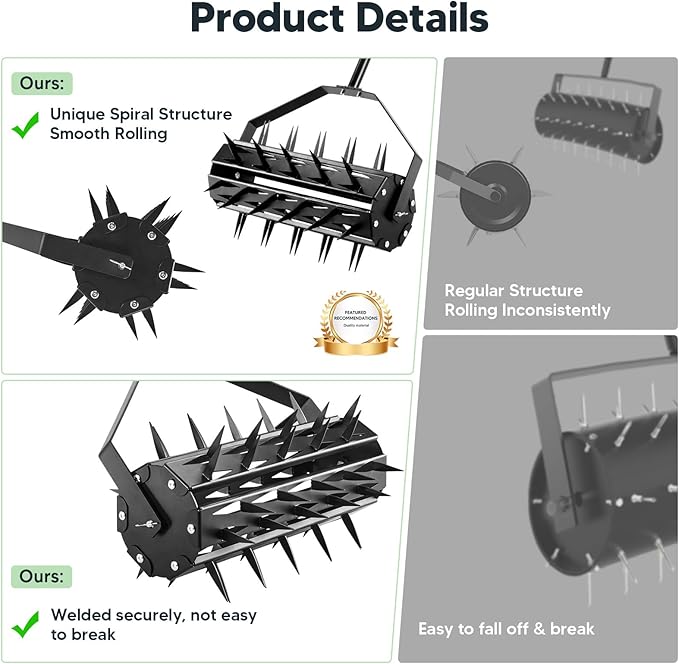Rolling Lawn Aerator, Rotary Spike Lawn Aerator, Heavy Duty Manual Aerator Lawn Tool, 17-Inch Push Spike Aerator Roller with Adjustable Steel Handle for Garden, Lawns, Patio and Yard Grass Aeration