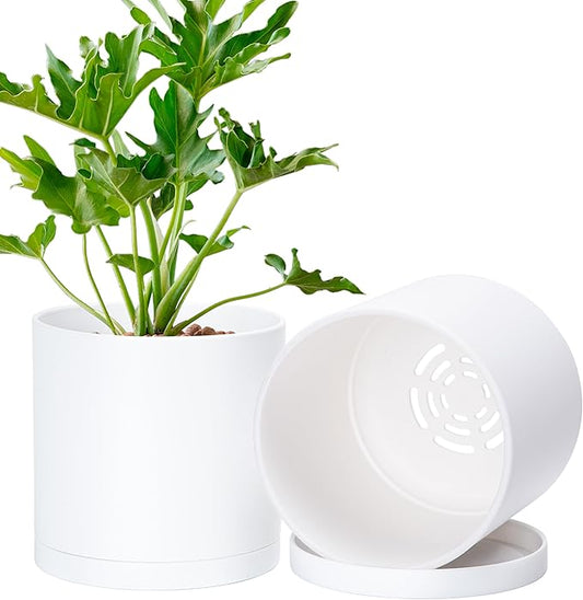 D'vine Dev 2 Pack 6 Inch Modern Plastic Plant Pots, Small Garden Planters for Plant with Drainage Holes and Saucers, White Color, 74-Z-J-1