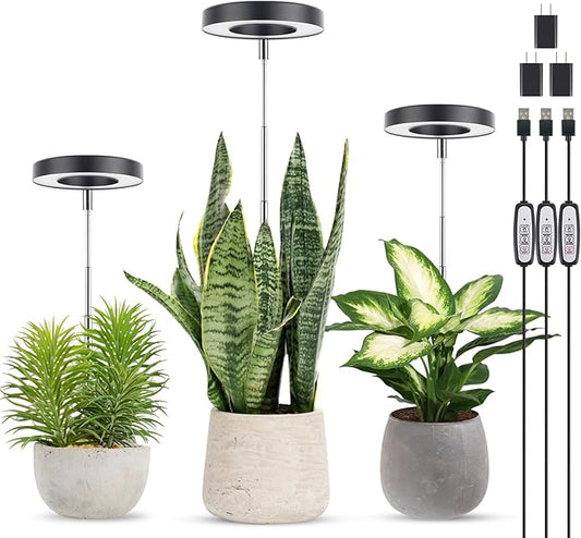 LORDEM Grow Light, Full Spectrum LED Plant Light for Indoor Plants, Height Adjustable Growing Lamp with Auto On/Off Timer, 4 Dimmable Brightness, Ideal for Small Plants, 3 Packs of Black