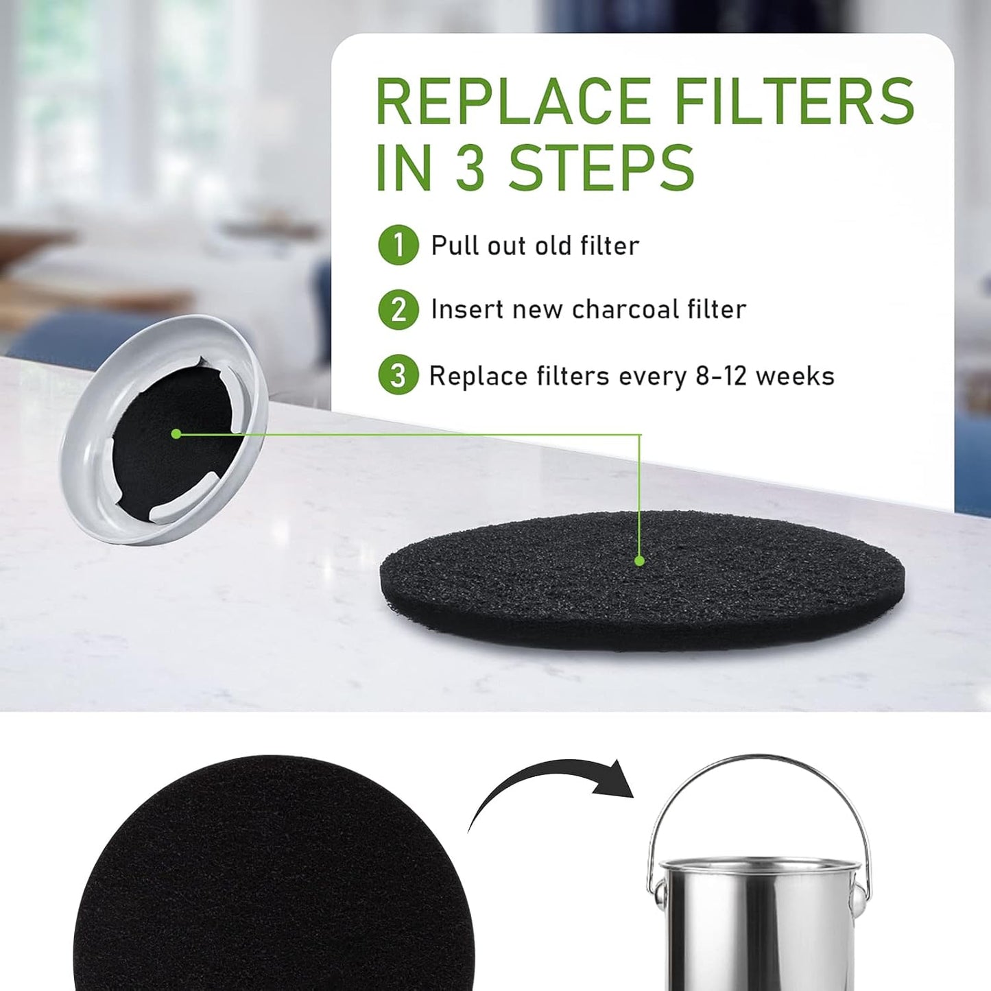 Charcoal Filters for Kitchen Compost Bin, 10 Pack Compost Filters for Countertop Bin Pail Replacement, Activated Charcoal Home Bucket Refill Sets, Round 6.7 Inch