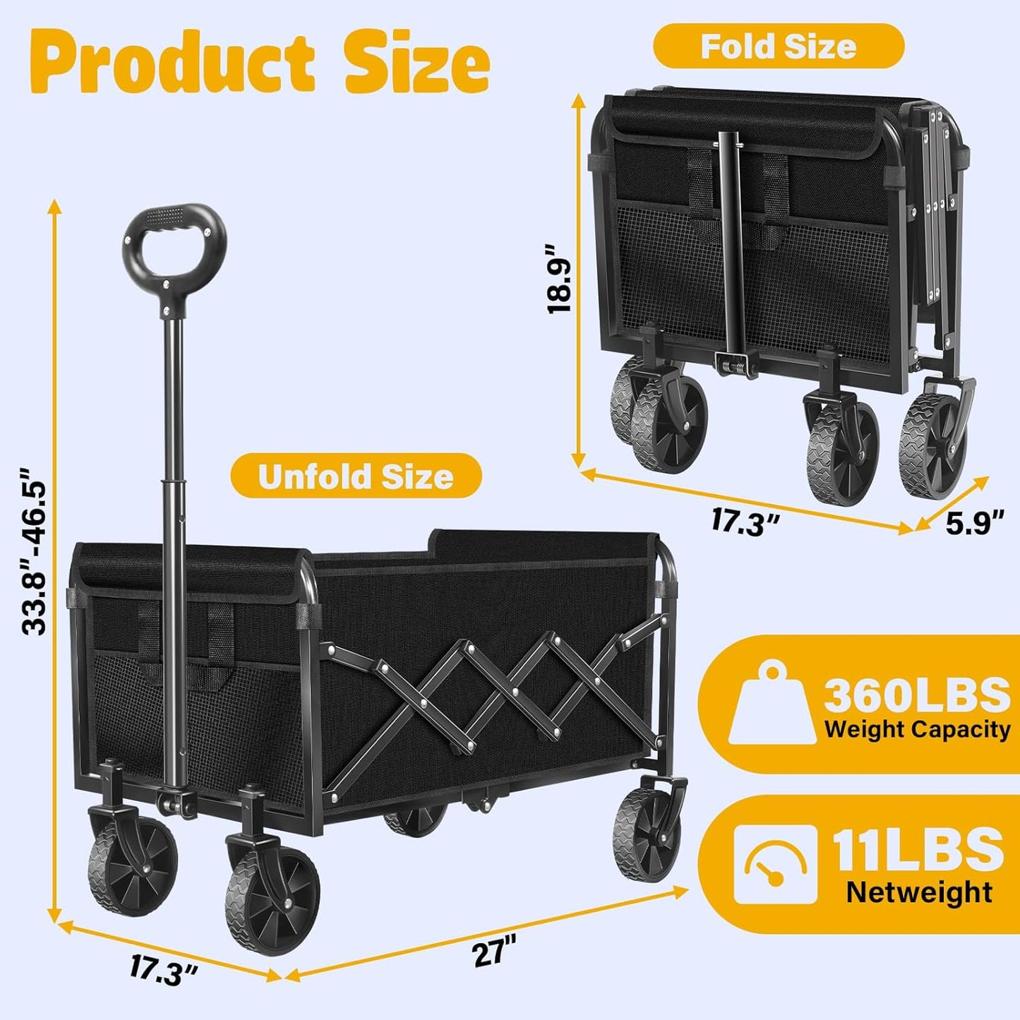Wagon Cart Foldable, 360Lbs Collapsible Wagon Cart with Wheels Portable, Outdoor Utility Carts for Groceries, Camping, Sports, Garden, Shopping, Black