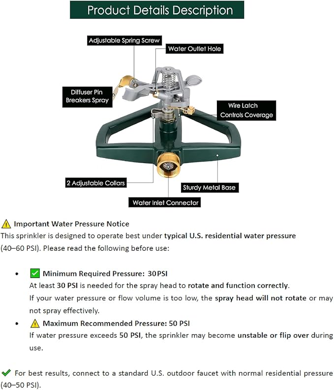 WEMADE Heavy Duty Metal Pulsating Sprinklers for Yard - 360 Degree Roating Automatic Water Sprinkler for Lawn with Metal Base, Impact Sprinklers for Large Area Covers Up to 85‘ Diameter