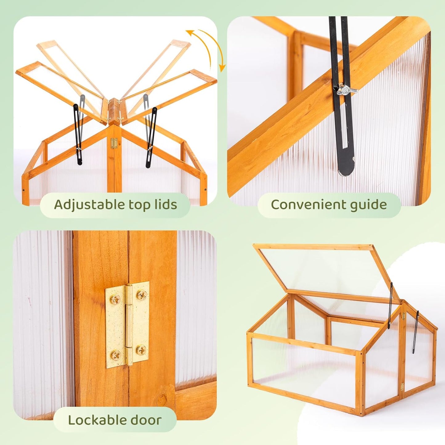 VINGLI Cold Frame Greenhouse, Mini Wooden Green House with Flip-Top Roof, Raised Flower Planter Shelf, Small Lockable Wood Cabinet for Plants Indoor Outdoor (Yellow, 35.43" x 30.71" x 23.23")