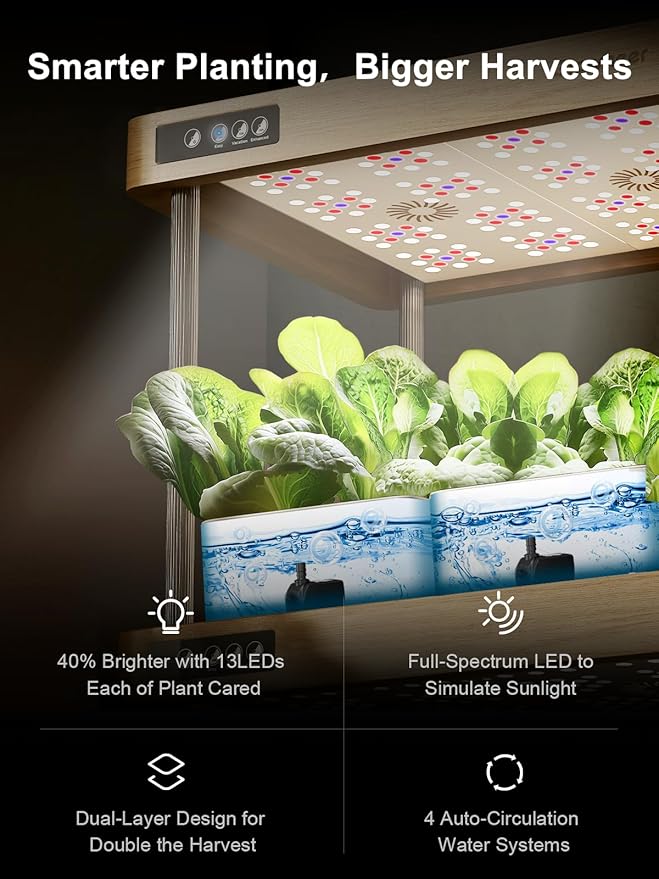 GROWNEER HydroEasy1.0 Hydroponics Growing System Kit, Beginner-Friendly Indoor Garden for Vegetable Fruit Herb, Solid Wood Design, Perfect Gift Idea, Full-Spectrum LED Lights for Maximum Growth