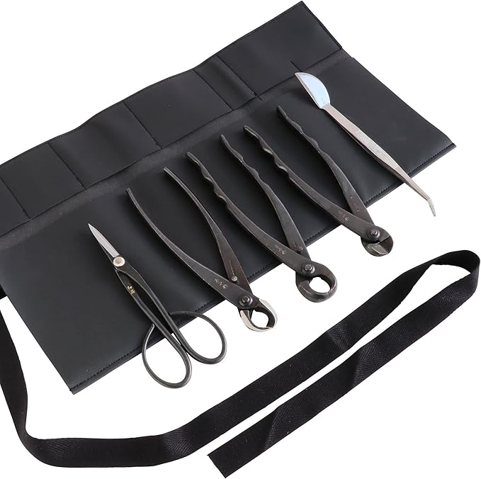 Wazakura Made in Japan 5PCS Bonsai Tool Kit with Roll Bag: Yasugi Steel Satsuki Bonsai Scissors, Concave Branch Cutter, Knob Cutter, Wire Cutter, Tweezers - 5 Tools Satsuki Set with Case