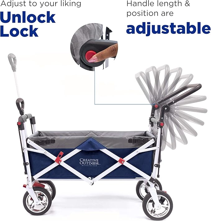 Creative Outdoor Wagon for Kids Push Pull Collapsible Stroller Folding Cart | Silver Series | Beach Park Garden & Tailgate | Navy Blue