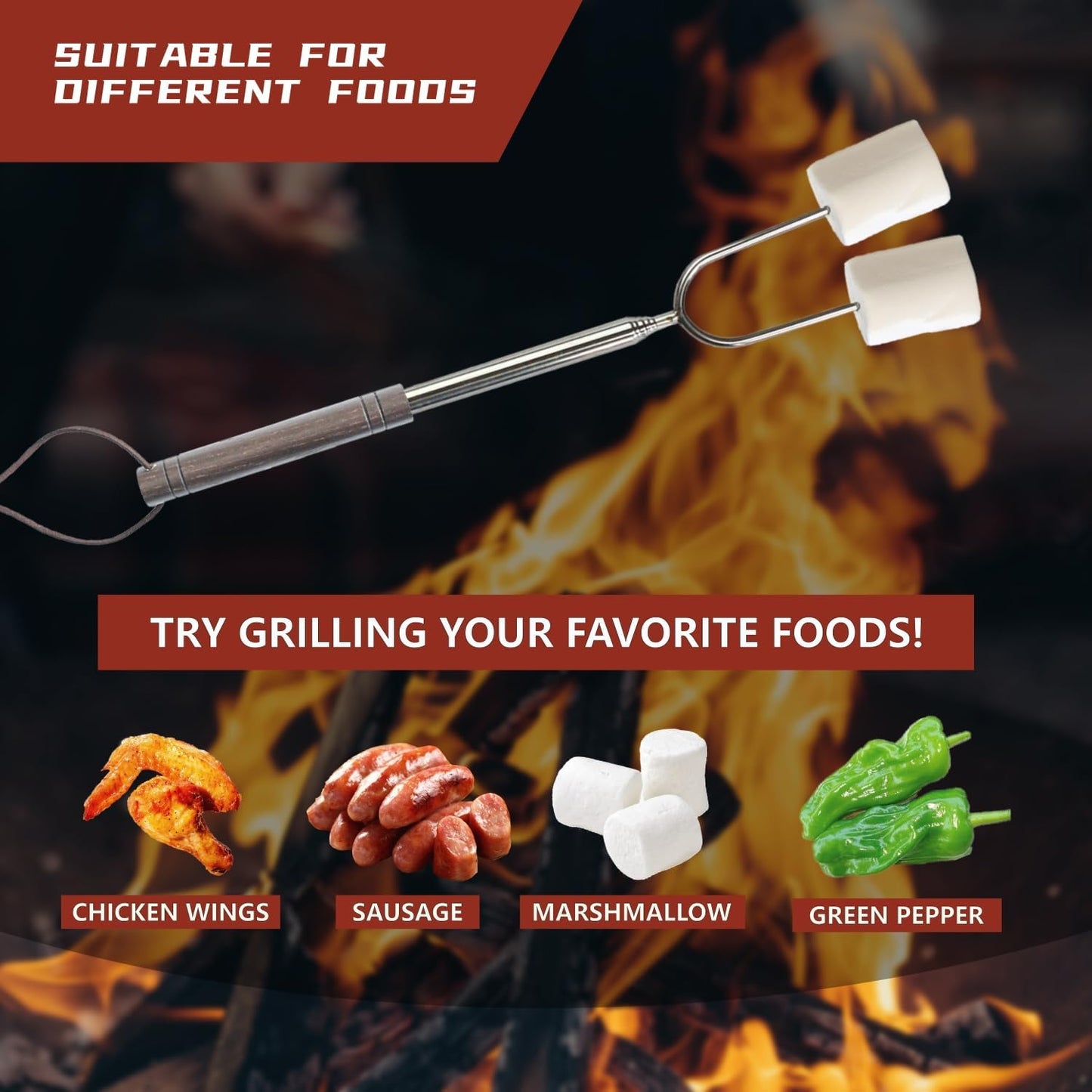 Marshmallow Roasting Sticks for Fire Pit with Wooden Handle, 41 Inches Long, Telescoping SUS304 Stainless Steel Marshmallow Skewers, Extendable Hog Dog Campfire Roasting Sticks, Camping Accessories