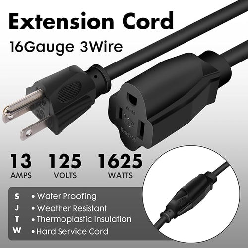 10ft Black Outdoor Extension Cord Waterproof, UL Listed, 16/3 SJTW Heavy Duty 3 - Image 2