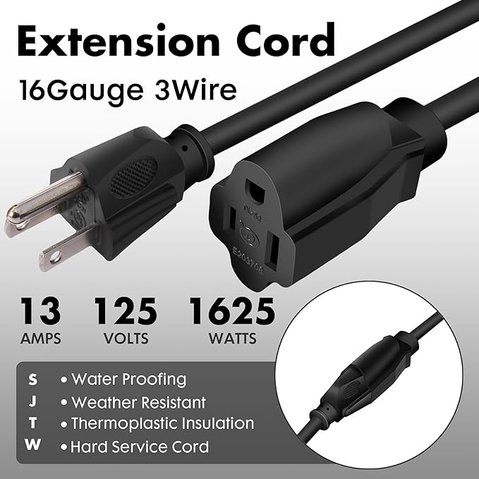20ft Black Outdoor Extension Cord Waterproof, UL Listed, 16/3 SJTW Heavy Duty 3 - Image 2