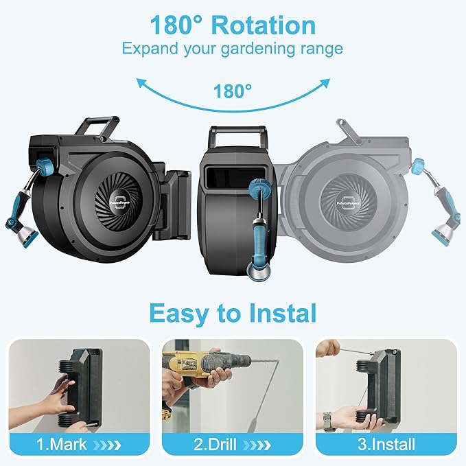 Retractable Garden Hose Reel - 5/8 inch x 90 ft Wall Mounted Hose Reel with 10 Pattern Nozzle & Any Length Lock, Heavy Duty Water Hose Supports Automatic Rewind & 180° Swivel, Black