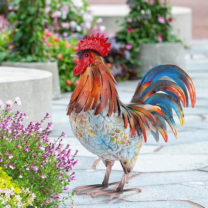 Metal Rooster Decor Garden Statue,Yard Chicken Decorations Outdoor Sculpture for Backyard Patio Kitchen Lawn Ornaments,Birthday for Women Mom