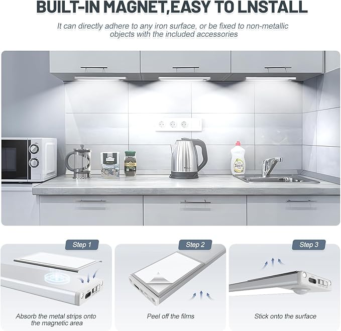 6 Pack Under Cabinet Lighting Wireless, 40 LED Rechargeable Battery Motion - Image 6