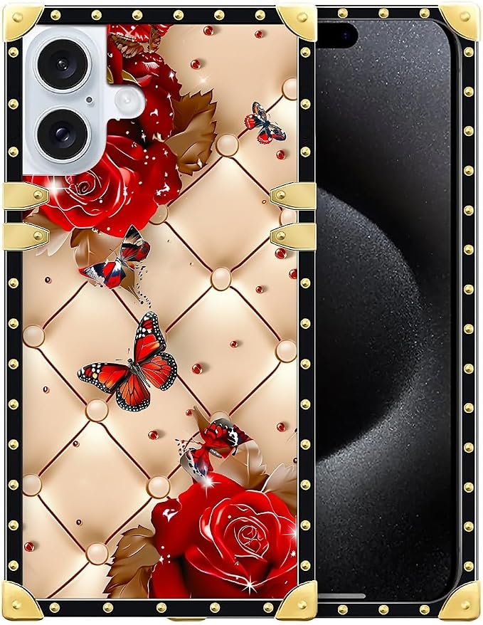 Compatible with iPhone 16 Plus Case, Shining Red Rose Butterfly Leather by Unknown