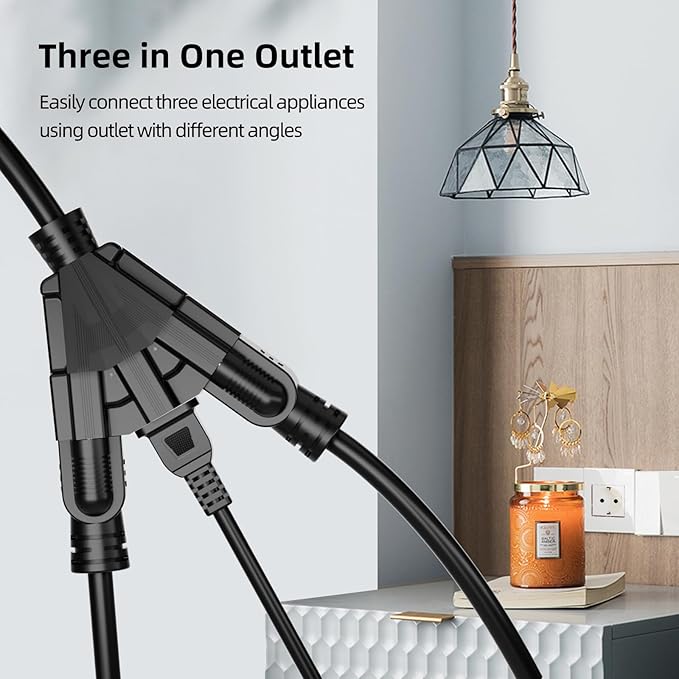 100 FT 3 Outlet Outdoor Extension Cord Waterproof, 16/3 SJTW Black Extension - Image 3
