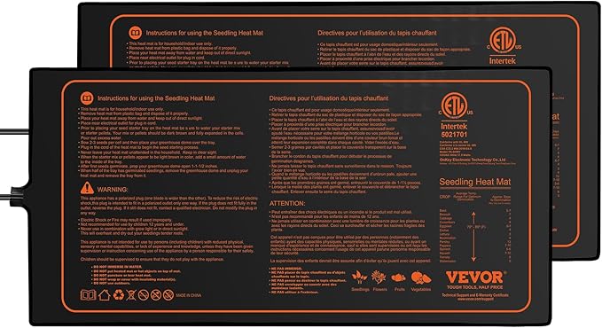VEVOR 2 Pack Seedling Heat Mat 10"x 20.75", MET-Certified Warm Hydroponic Plant Heating Pad for Seed Starting, Waterproof Heating Mats for Germination, Indoor Gardening Tested toStandards