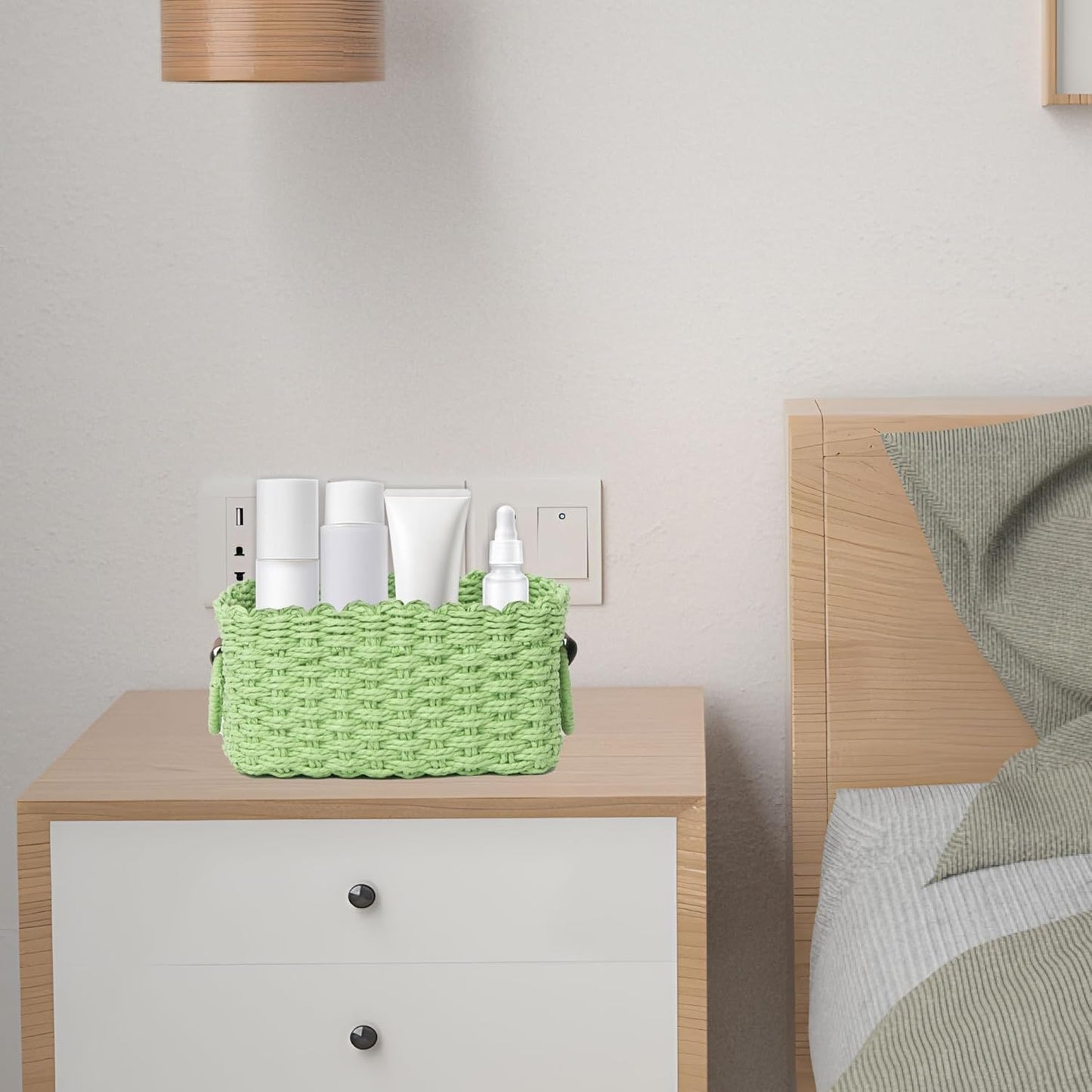 Small baskets for Organizing,Cute woven Storage basket with recycled paper rope for Shelves Bathroom,Little decorative basket,Set of 3 (Light Green)