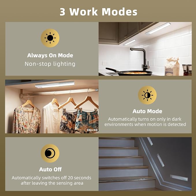 16inch Under Cabinet Lighting, 4 Pack Rechargeable Motion Sensor Light Indoor - Image 3