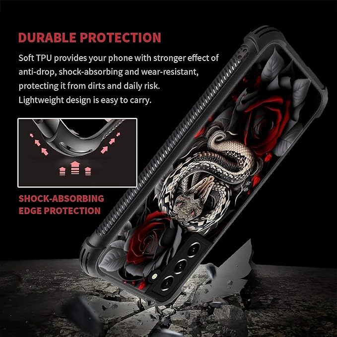 for Samsung Galaxy S21 FE Case, Entwined Rose Snake Pattern Graphic Design Girl - Image 2