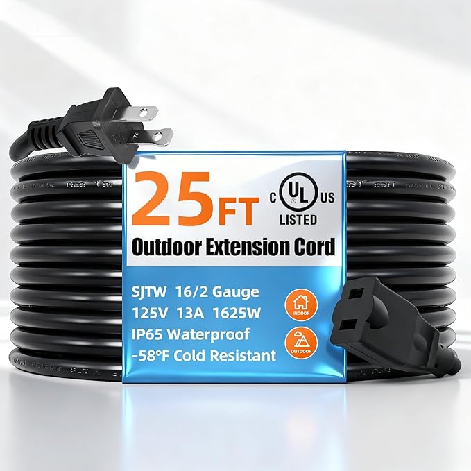 UL Listed Outdoor Extension Cord 2 Prong 25 FT Polarized Plug SJTW 16/2 Gauge by TooCust