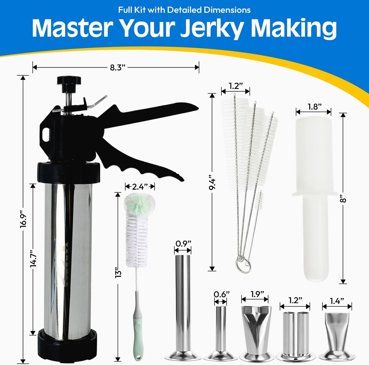 Professional Jerky Gun Kit – Stainless Steel Beef Meat Maker Machine with 5 Nozzles, 1 Meat Pusher, 5 Cleaning Brushes (2 Sets), Sausage Shooter Accessories & Bonus Pair of Gloves