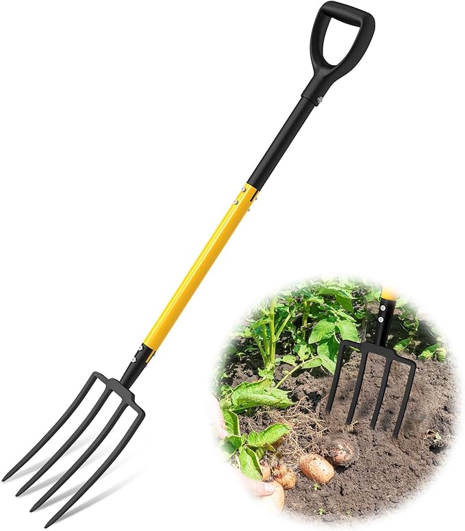 Pitch Fork, 4 Tine Heavy Duty Garden Fork with Ergonomic No-Slip D-Grip Handles, 45 Inches Long Handle Spading Fork, Perfect for Gardening Digging, Land Management, Yard work, Farming (Black)