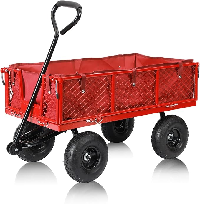 SUNNYFEEL 900 Lbs Capacity Heavy Duty Mesh Steel Garden Cart,Folding Utility Wagon with Removable Side Nets, Non-Slip Rubber Base, Red,Upgraded Version