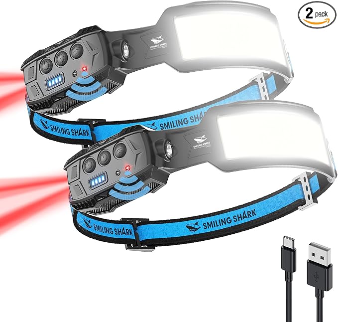Smiling Shark Headlamp, 2 Pack Head Lamps Led Rechargeable 6 Modes 7*White by SmilingShark