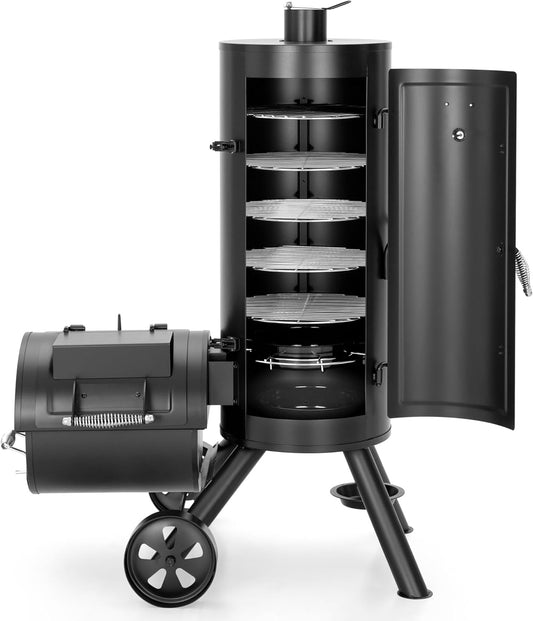 Captiva Designs Charcoal Vertical Smoker Grill and Offset Smoker Grill Combo, Extra Large Outdoor Barrel BBQ Meat Smoker with 5 Removable Smoking Grates & Built-in Hooks for Various Meat Foods