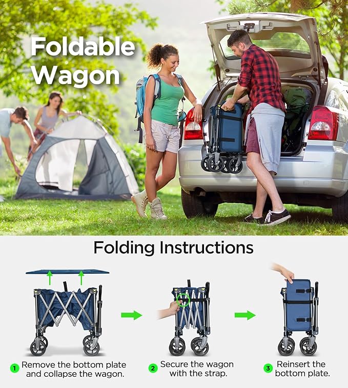 Beach Wagon,Collapsible-Wagon 220lbs with Big Wheels FoldableWagon Carts,Portable Utility for Garden Grocery Sports Camping All Terrain-Blue