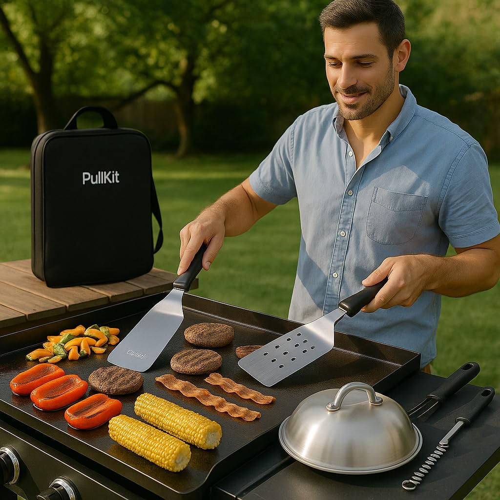 Griddle Accessories Kit for Blackstone Griddle- Stainless Steel Flat Top Grill Tools Set with Spatulas, Basting Cover & Carry Bag - Complete BBQ Cooking Kit for Outdoor, Backyard (Ideal Gift for Men)