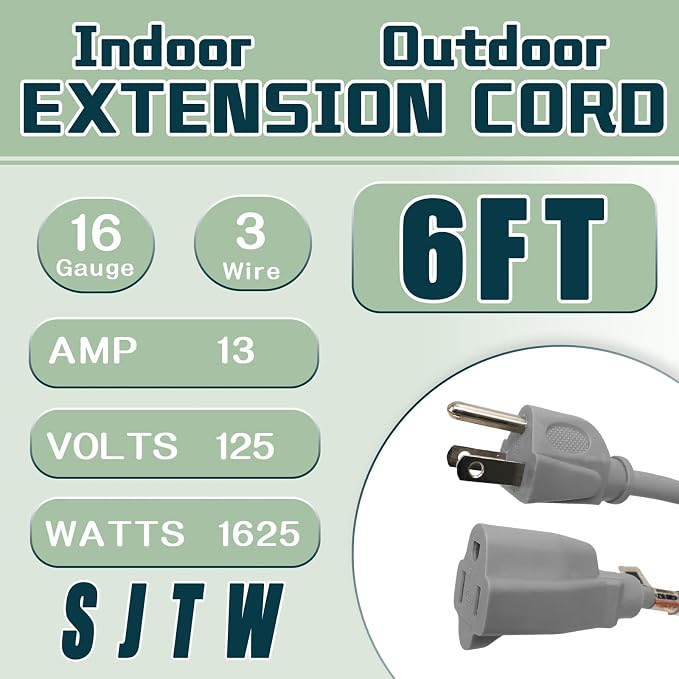 Indoor Outdoor Extension Cord 6 FT, 16/3 SJTW Weatherproof Grey Electrical Cords - Image 2