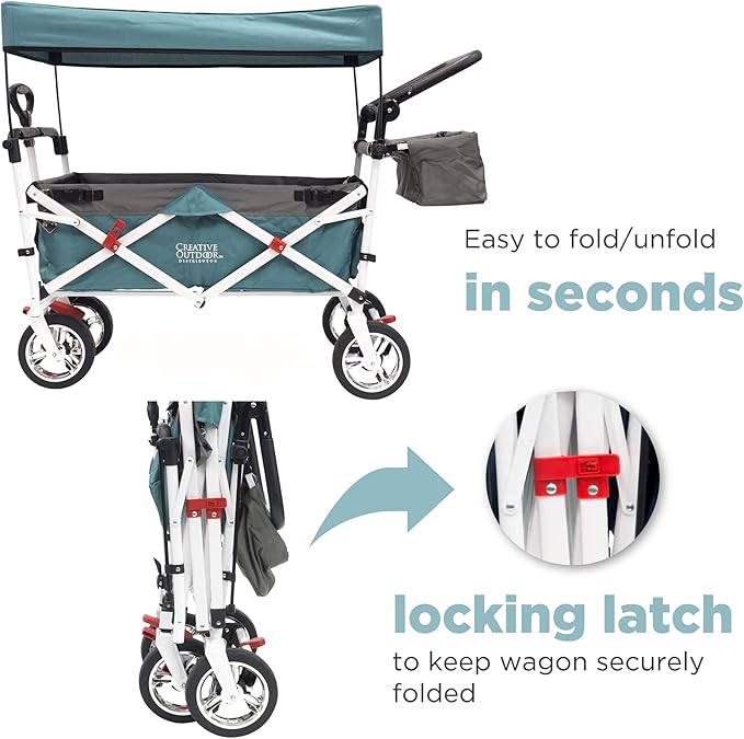 Creative Outdoor Wagon for Kids Push Pull Collapsible Stroller Folding Cart | Silver Series | Beach Park Garden & Tailgate | Teal