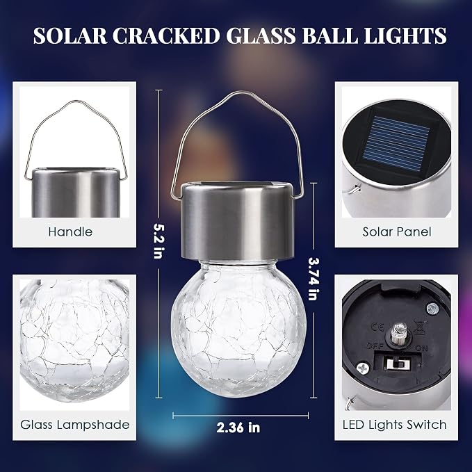 Solpex Hanging Solar Lights Outdoor, 8 Pack Decorative Cracked Glass Ball Light - Image 7