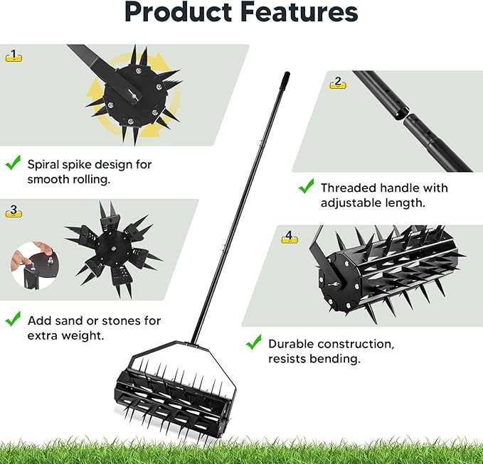 Rolling Lawn Aerator, Rotary Spike Lawn Aerator, Heavy Duty Manual Aerator Lawn Tool, 17-Inch Push Spike Aerator Roller with Adjustable Steel Handle for Garden, Lawns, Patio and Yard Grass Aeration
