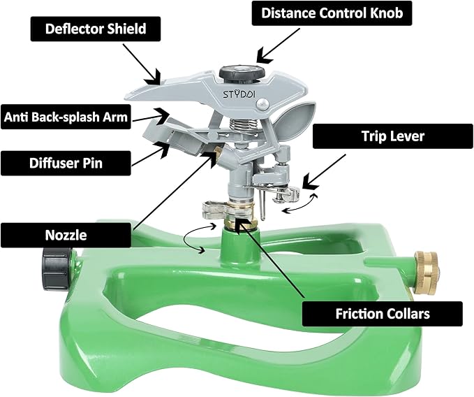 STYDDI Deluxe Pulsating Impact Sprinkler with Heavy Duty Metal Base, Pro Metal Adjustable Circular Water Sprinkler for Medium to Large Lawn, Yard, Garden and Large Areas, Coverage up to 6,360 Sq. ft