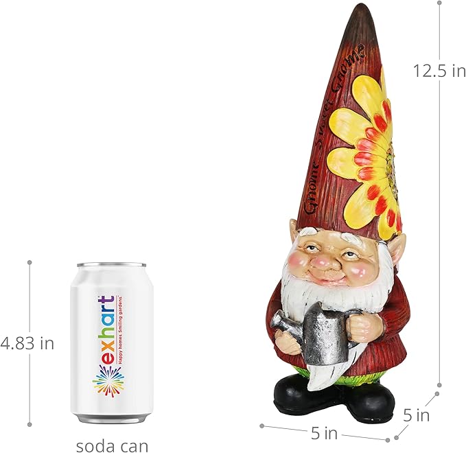Exhart Garden Gnome, Red Hat Garden Statue Sculpture with Watering Can, Outdoor Lawn and Yard Decoration, 5 x 5 x 12.5 Inch