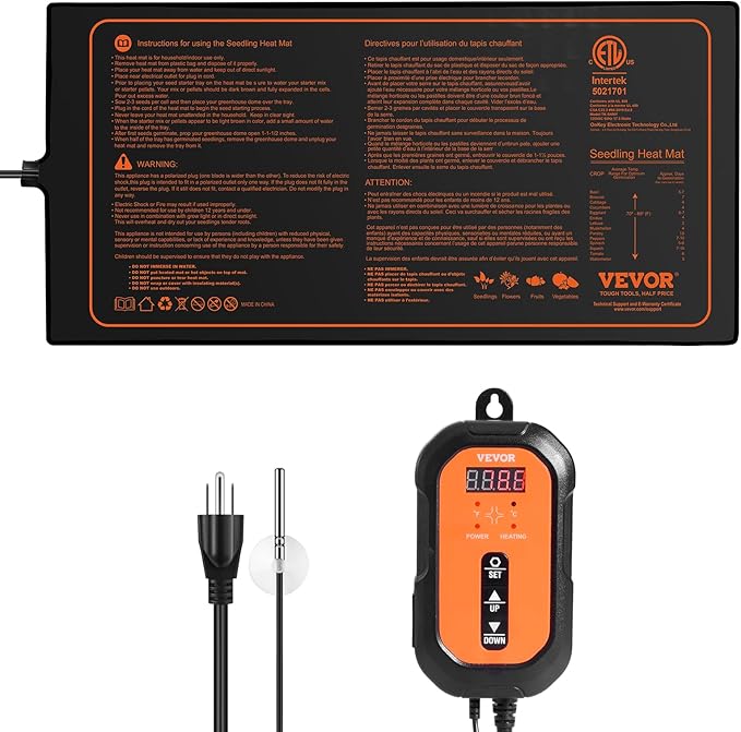 VEVOR 10"x 20.75" Seedling Heat Mat w/Digital Thermostat Combo Set, MET-Listed Heating Pad for Seed Starting, Waterproof Seed Mats for Germination, Indoor Gardening, Hydroponic, Greenhouse, 1 Pack