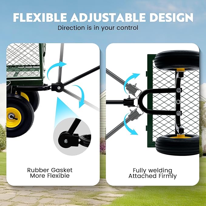 Steel Garden Cart, 2-in-1 Heavy Duty Utility Wagon 900 LBS Capacity Carts with Removable Mesh Sides to Convert into Flatbed, 240° U-Turn 10" Pneumatic Tires Garden Wagon for Lawn Camping Farm Yard