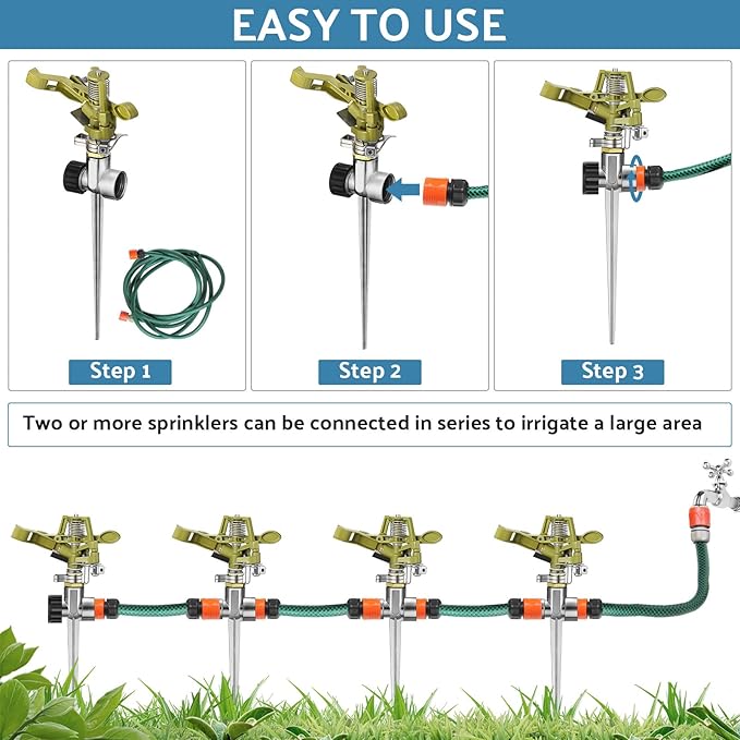 Chengu 4 Set Zinc Alloy Water Sprinklers Heads for Lawns Yard Heavy Duty Adjustable 360 Degree Watering Impact Pulsating Garden Sprinklers Multipack for Large Area Irrigation